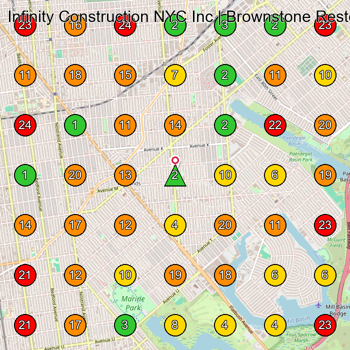 Infinity Construction NYC Inc | Brownstone Restoration Specialist | Masonry | Waterproofing | Roofing | Fire Escape Painting General Contractor GeoGrid ranking map for Brooklyn NY